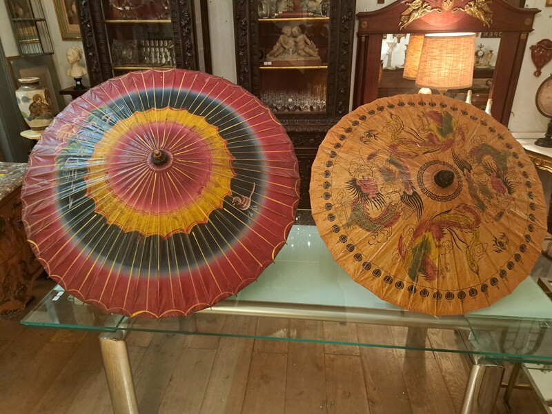 2 Chinese umbrellas in colored rice paper and wood