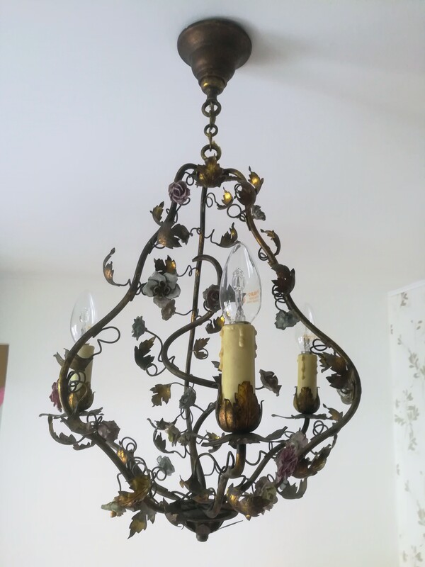 3 lights brass and multicolored porcelain flowers cage chandelier