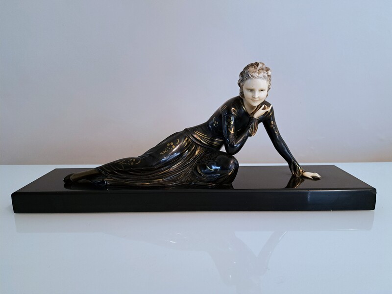 Art Deco sculpture in chryselephantine spelter/ivory and marble base