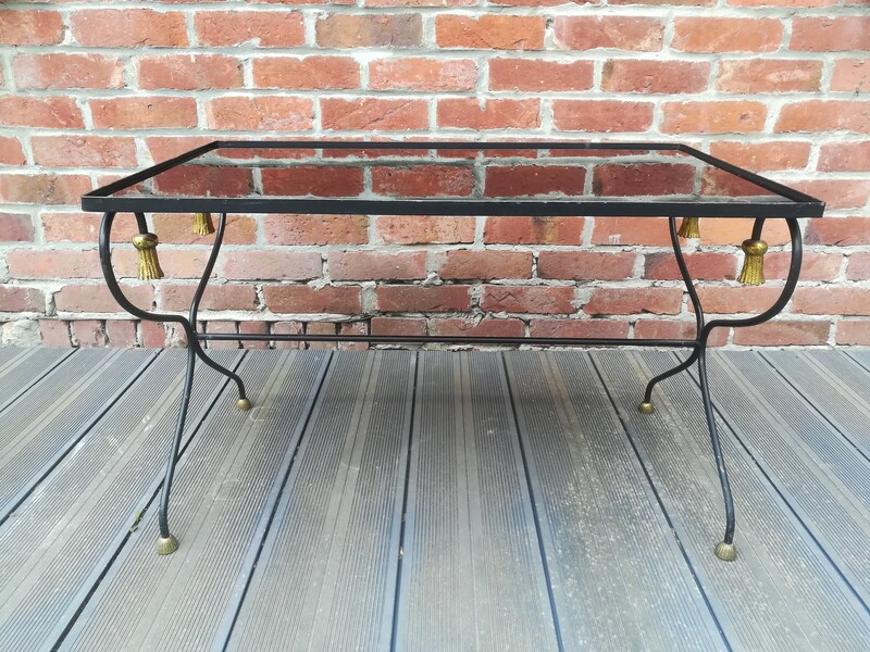Black metal and bronze coffee table with black opaline top