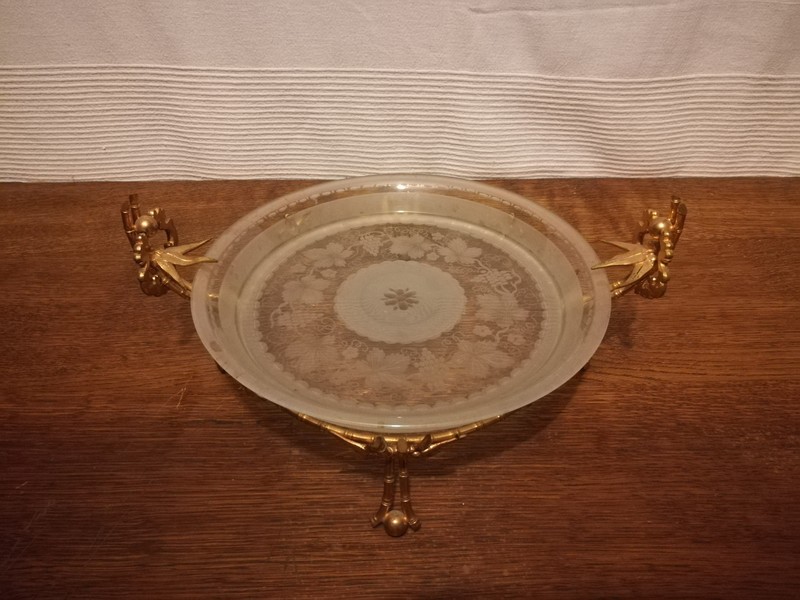 Bronze bamboo mount and engraved crystal cup