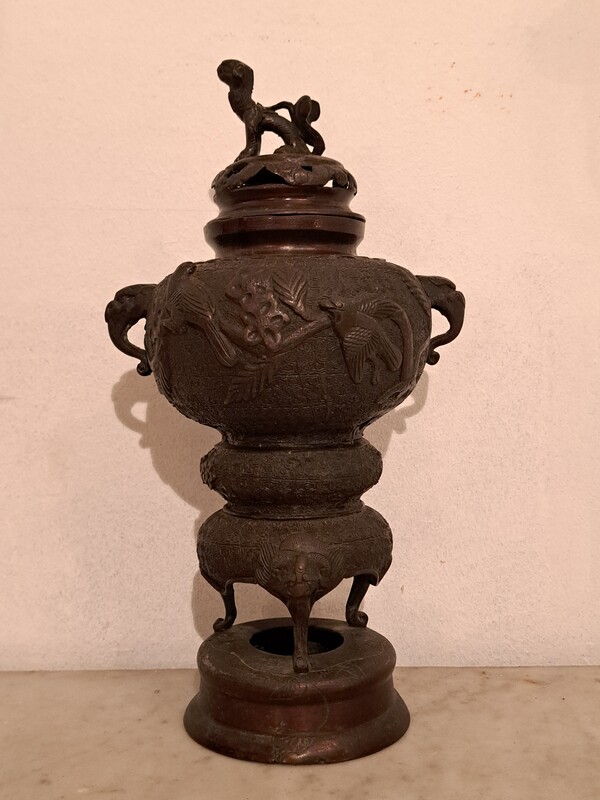 Japanese bronze incense burner with a dark patina