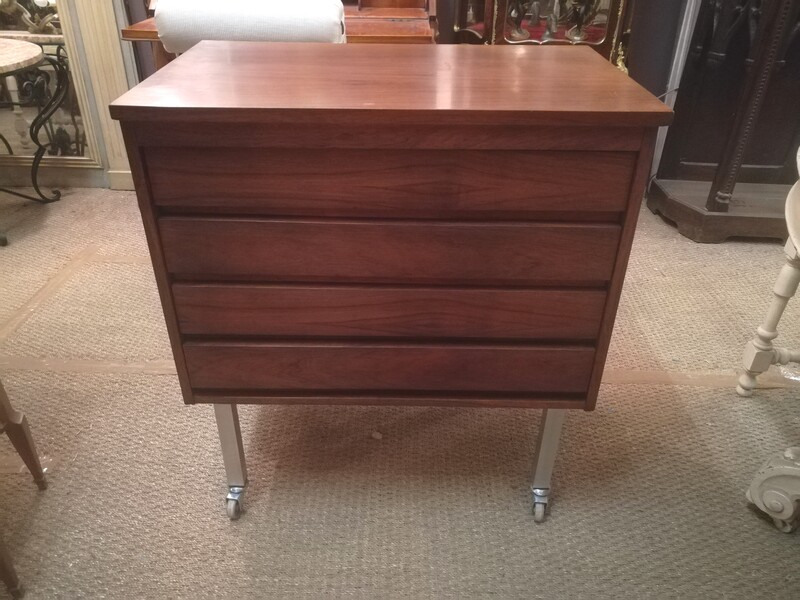Rosewood veneer and brushed metal rolling chest of drawers