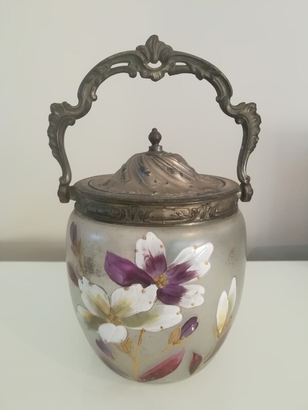 Enamel glass and silvered spelter biscuits bucket