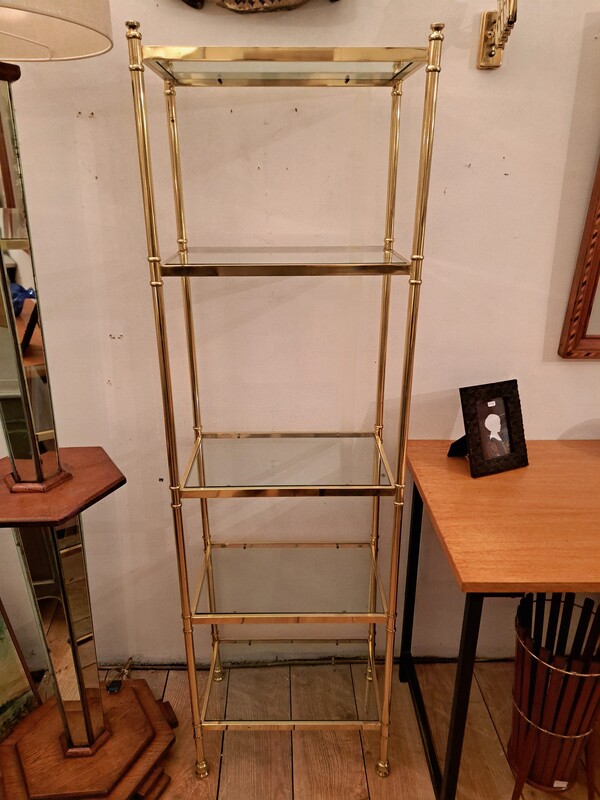  Hollywood Regency style shelf in gilded brass and glass tops