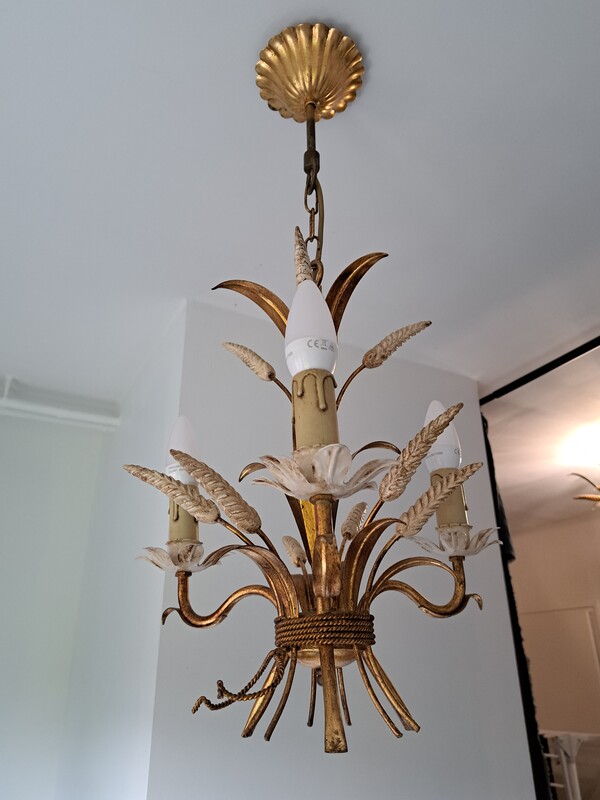Gilt metal and patinated cream lacquer ears of wheat chandelier