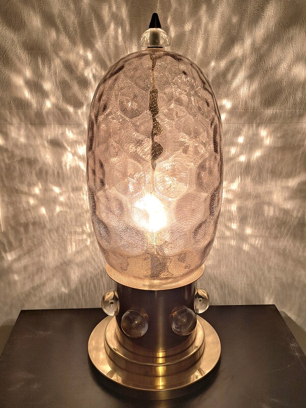 Large bubbled blown glass and brass lamp