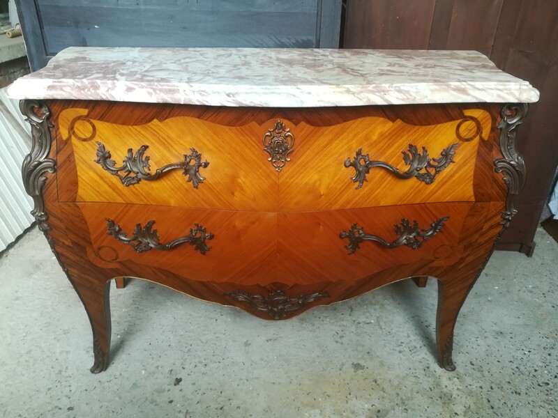 Inlaid and marble top Louis XV style galbed chest of drawers