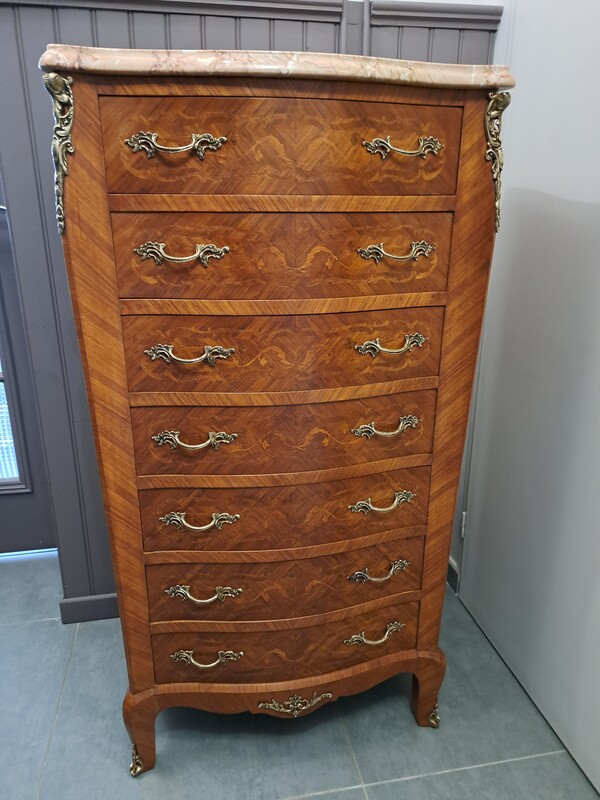 Inlaid, bronze and marble top Louis XV style chiffonier 