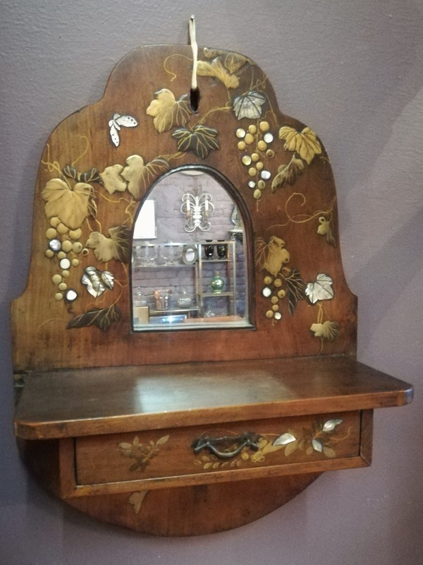 Inlaid mother of pearl and copper exotic wood drawer mirror 