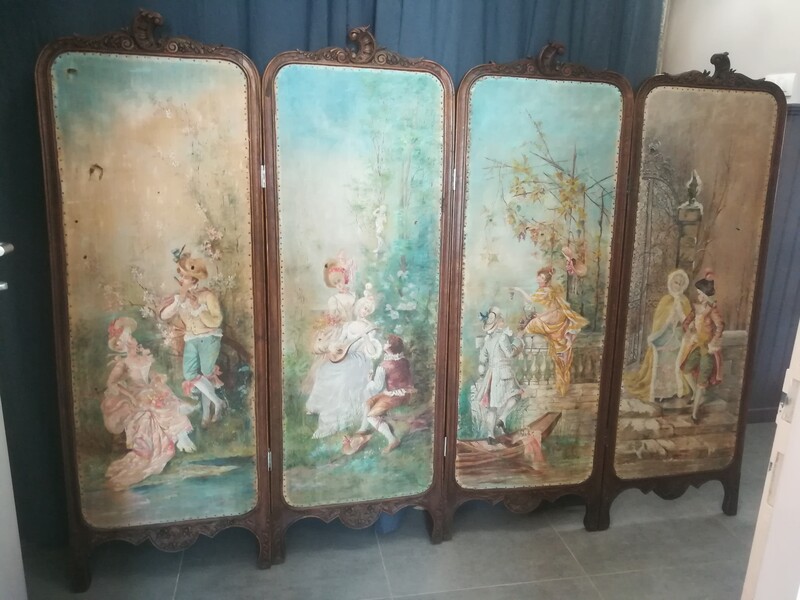 Louis XV style screen in oil painted canvas representing the 4 seasons