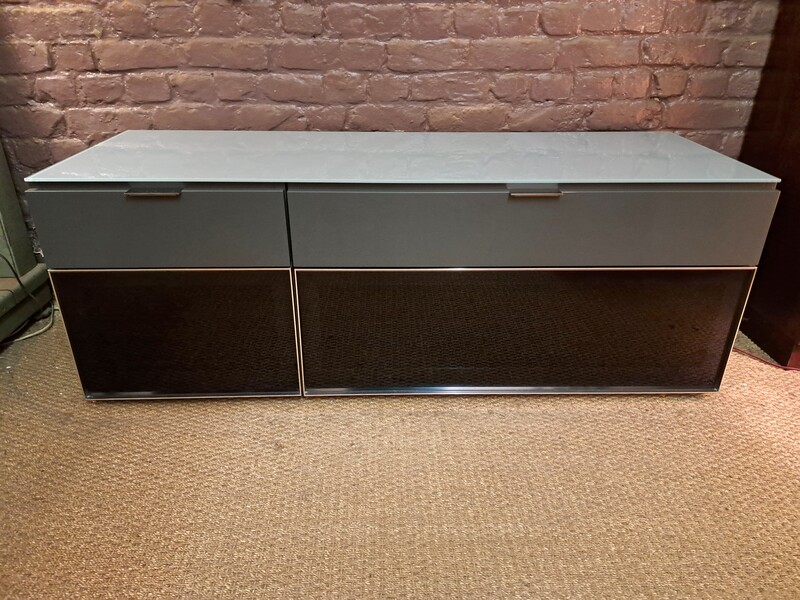 Low sideboard in gray lacquered wood, chrome metal and black glass 