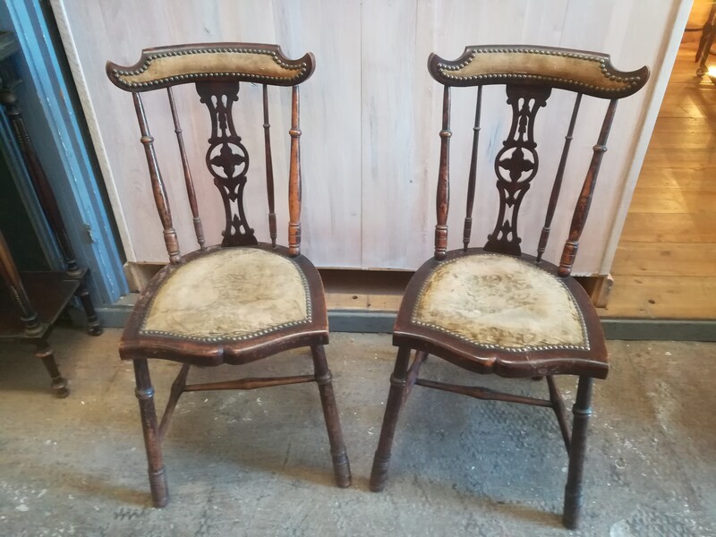 Pair of beech wood and velvet barette chairs