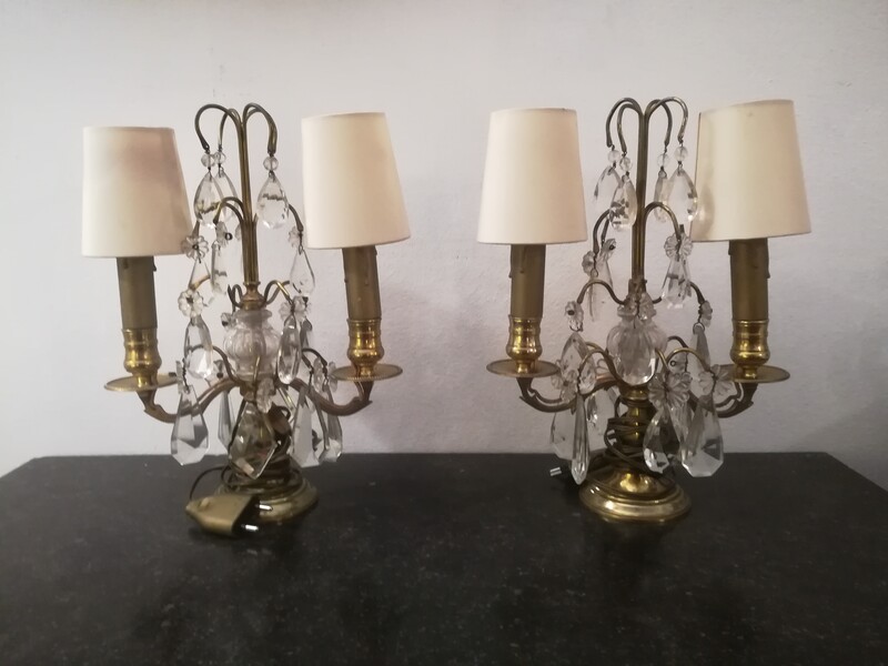 Pair of brass and cut glass girandoles 
