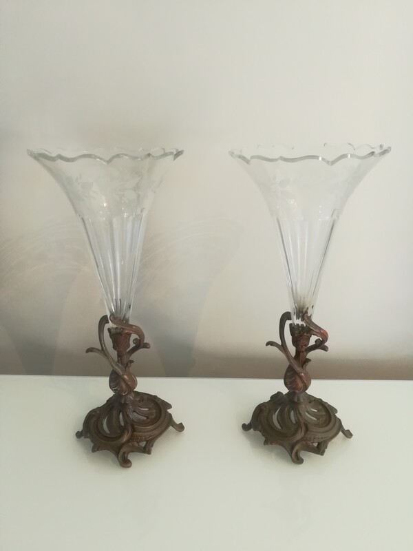 Pair of carved crystal and bronze horn vases