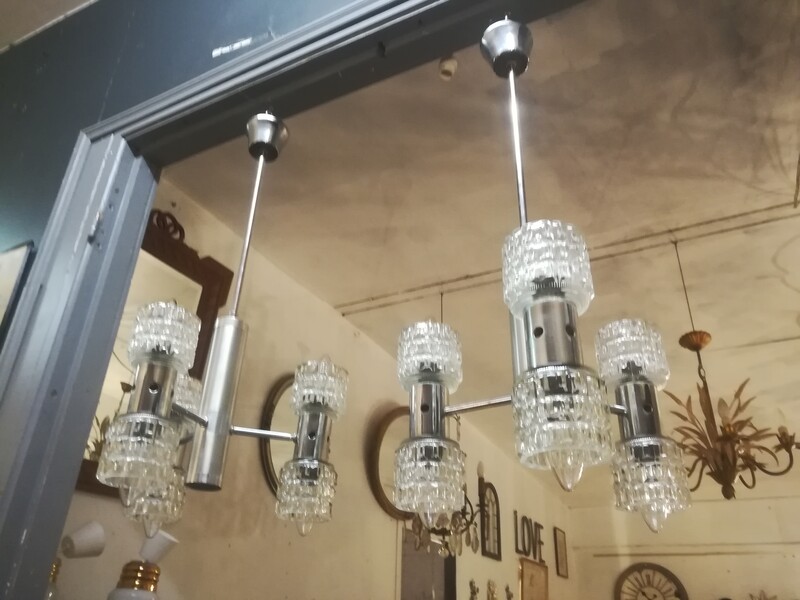 Pair of pressed glass in chromed and brushed metal chandeliers