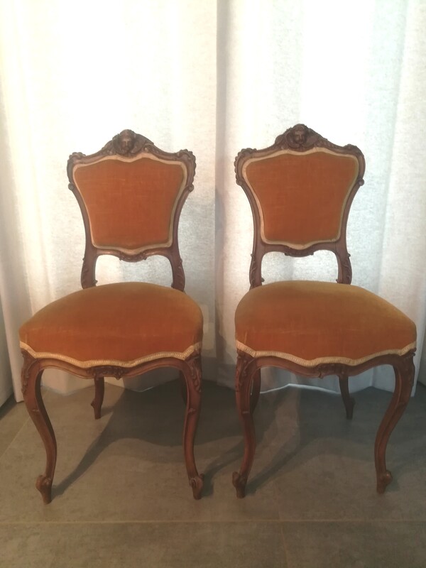 Pair of walnut and velvet Louis XV style cherubs chairs