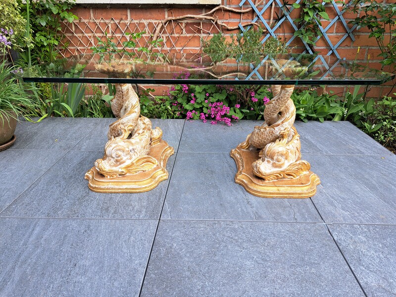 Patinated gilt wood and glass dolphins maison Chelini coffee table