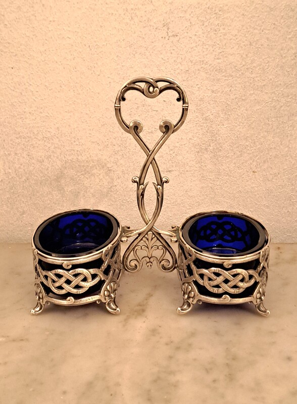 Christofle double salt cellar in silver-plated and cobalt blue glass