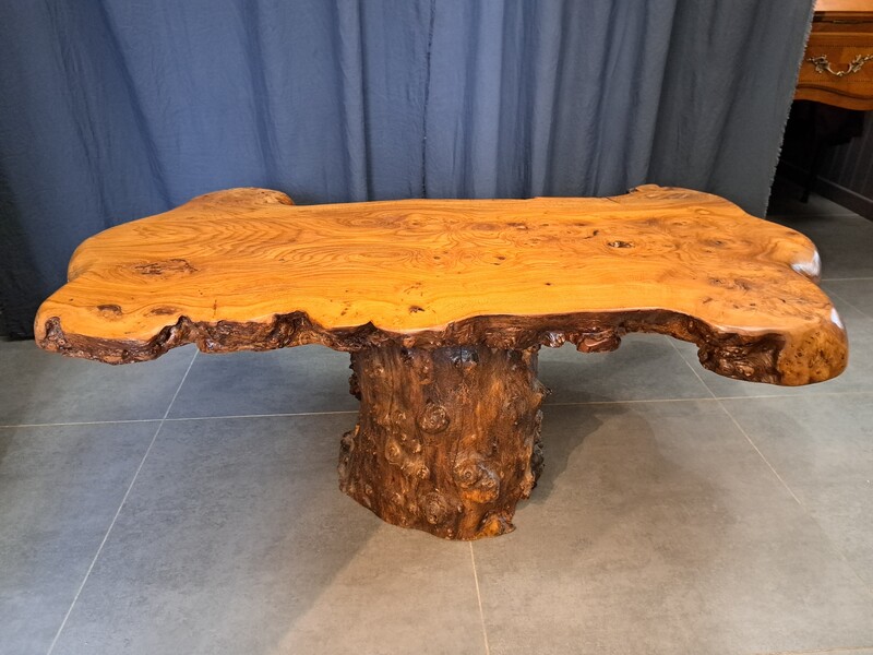 Signed Burr elm brutalist coffee table 