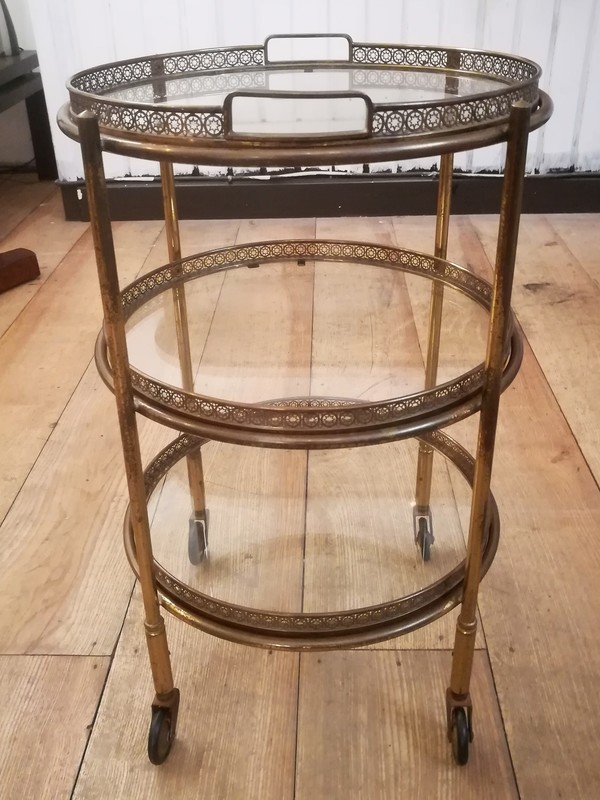Small brass round rolling trolley with 3 movable glass trays