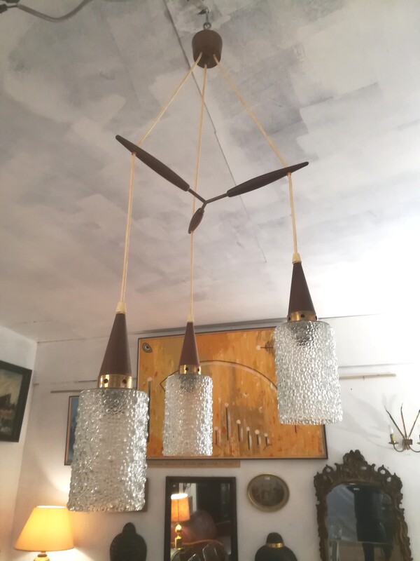 Teak and molded glass Philips boomerang chandelier 