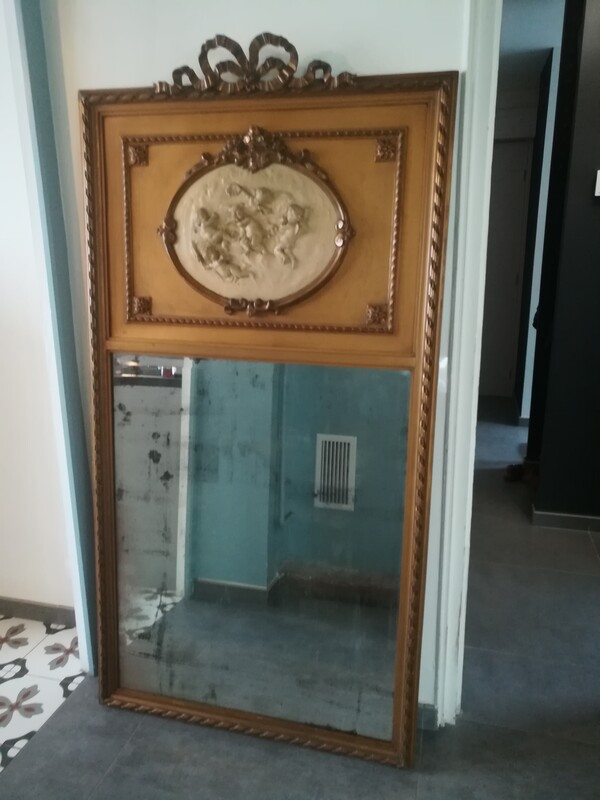 Gilt plaster and cherubs Louis XVI trumeau mirror 